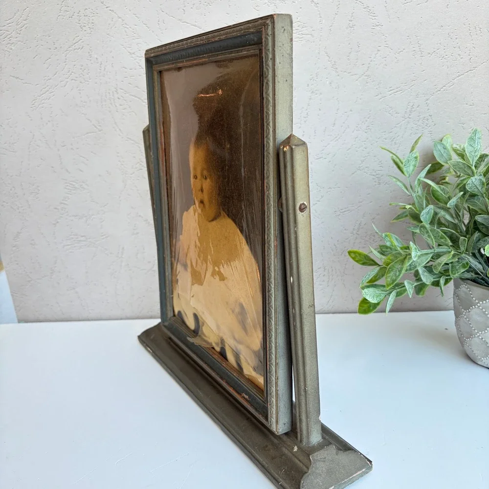 Antique Swivel Tabletop Picture Frame Green Gold Wood Baby Portrait 11 inch